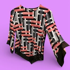 Cute flowy pink gray geometric scarf hem top Alfani 3/4 sleeve stretchy